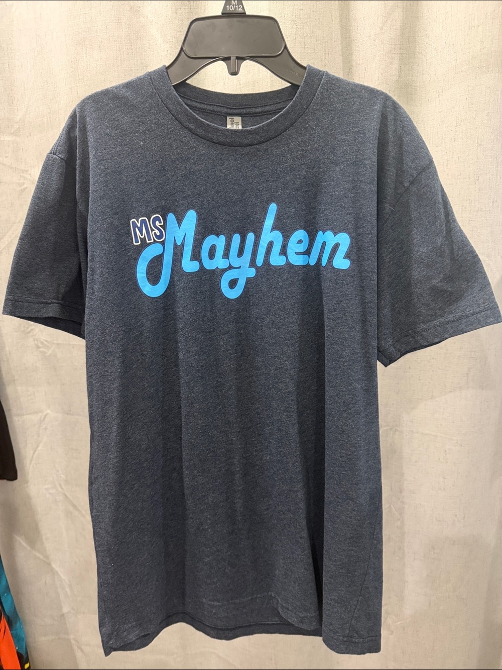 Next Level Apparel Navy Tee with Light Blue "Ms Mayhem" Graphic